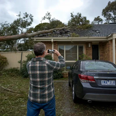 Photographing storm damage for an insurance claim in Hobart