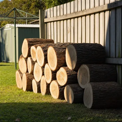 Hardwood rounds stacked for firewood, Hobart